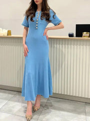 Short Sleeve Denim Patchwork Knit Dress