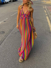 Rainbow Stripe Print V-Neck Dress