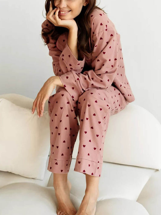 Heart Print Lapel Pajama Set