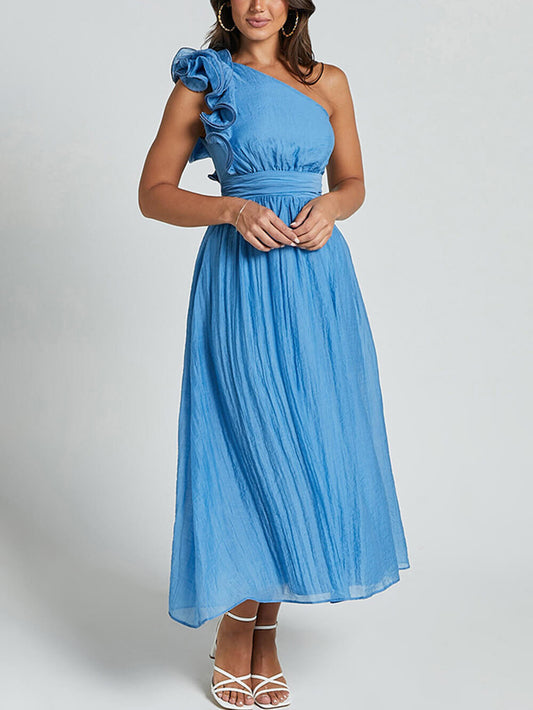 Romantic Seaside One-Shoulder Frill Detail Layered Midi Dress