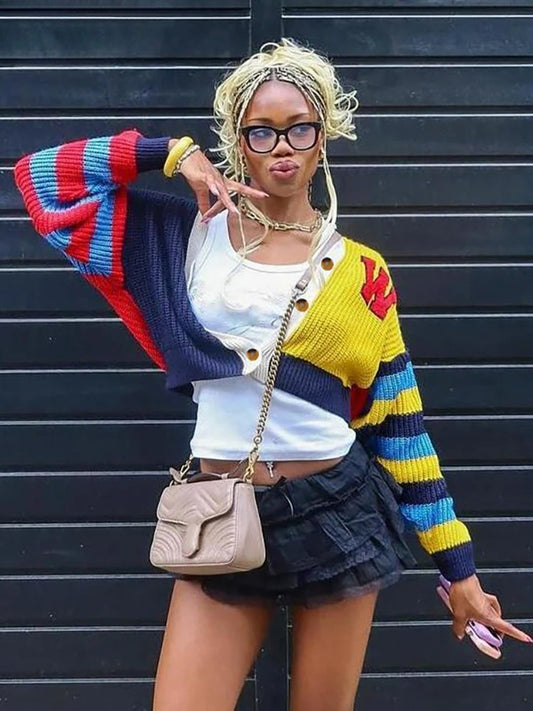 Letter Print V-Neck Knit Cardigan