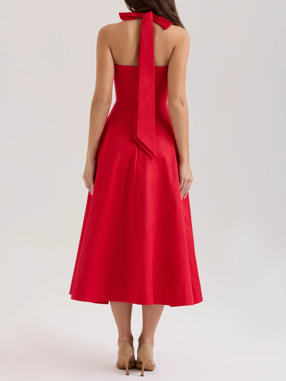 Square Neck Pleated Button Elegant Midi Dress
