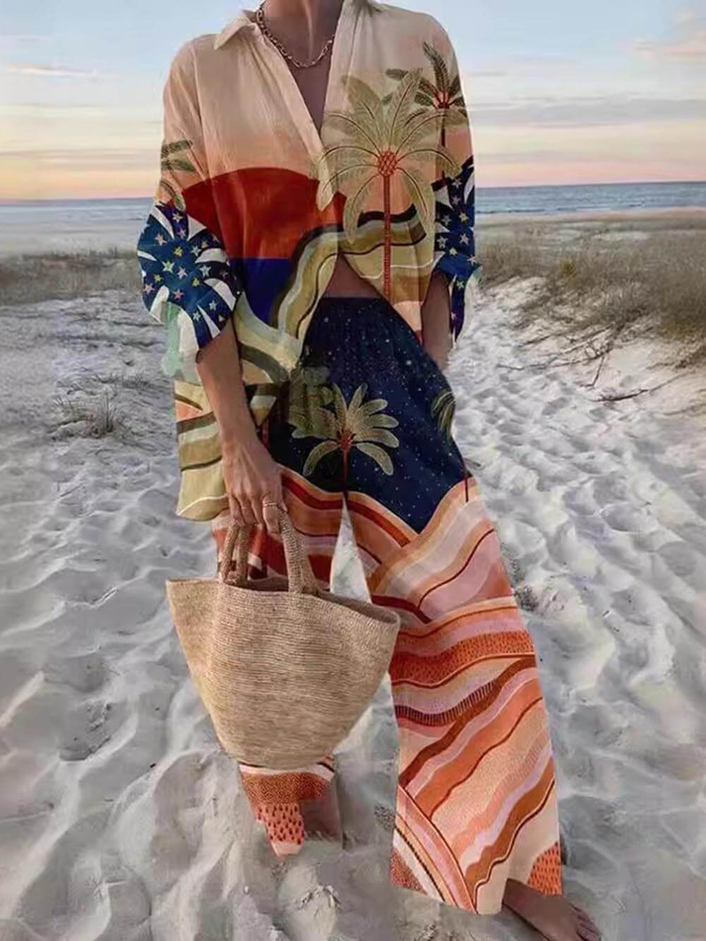 Sunset Palm Print Two Piece Set