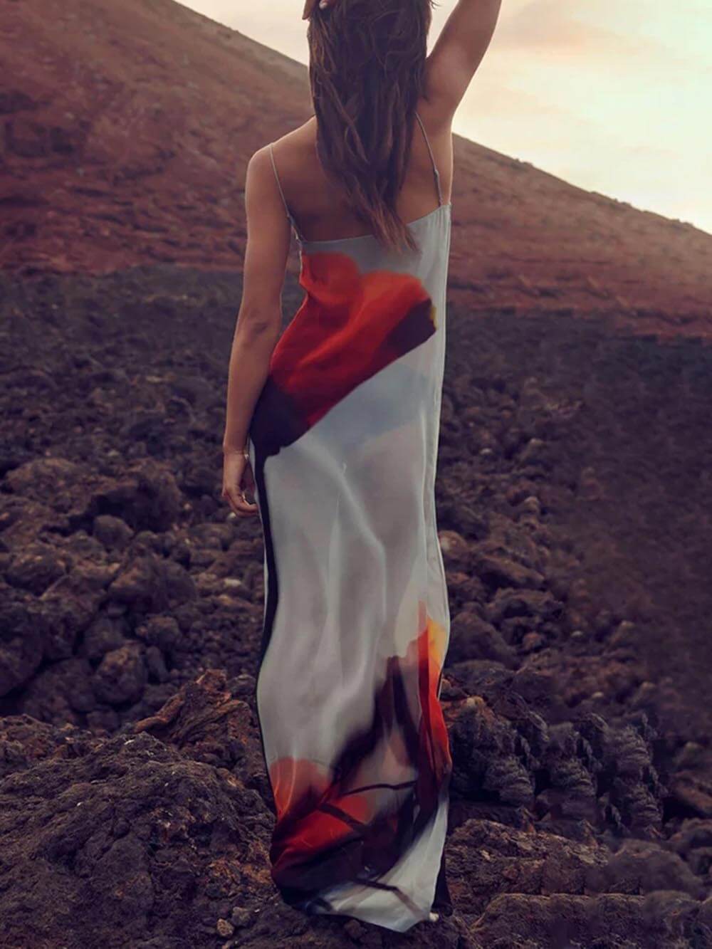 Abstract Tulip Print Slip H-Line Maxi Dress