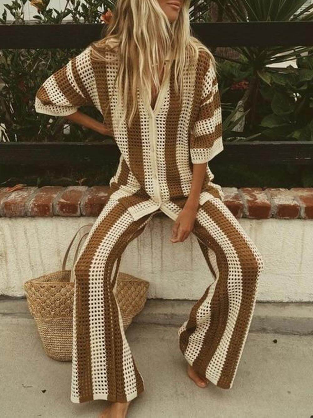 Loose Fit Striped Shirt Pants Set