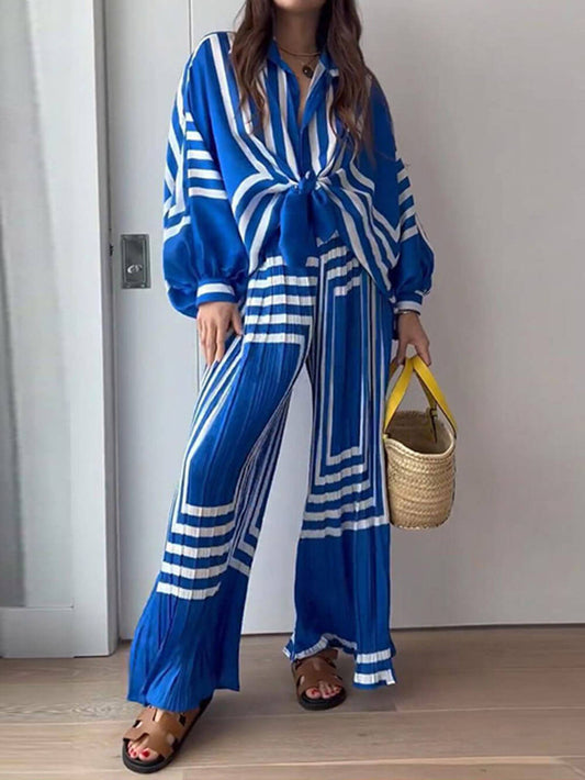 Striped Shirt and Pleated Wide-Leg Pants Set