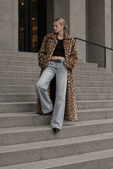 Leopard Print Notched Collar Longline Faux Fur Overcoat