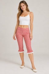 Plaid Lace Ruffle Cropped Skinny Pants