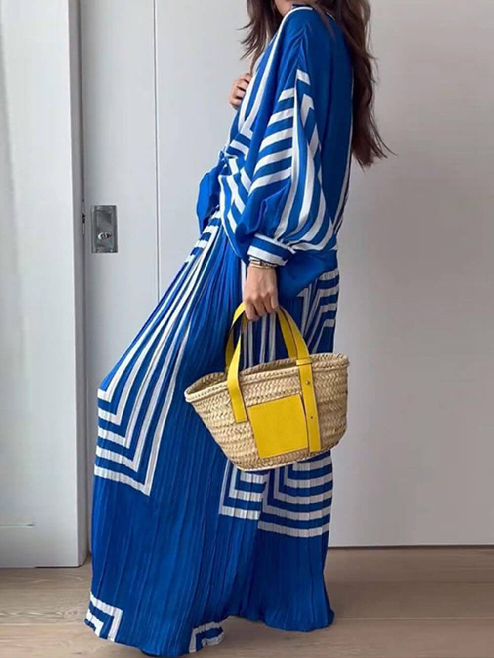 Striped Shirt and Pleated Wide-Leg Pants Set