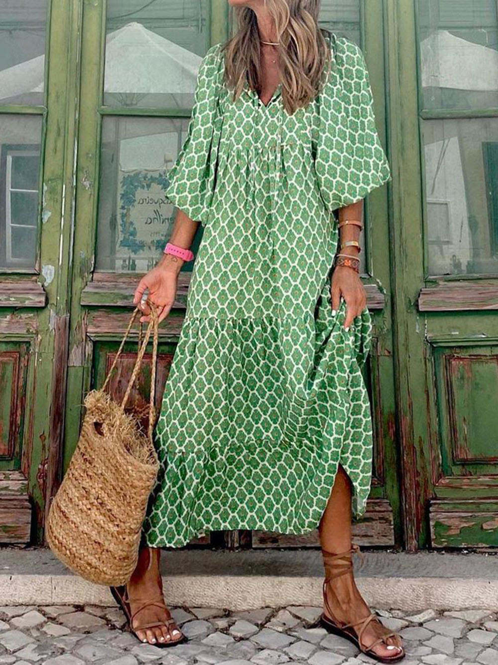 Round Neck Lantern Sleeve Sweetheart Dress