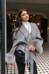 Fur Cuff Belted Wrap Coat