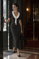 Retro Lapel Slim Polka Dot Maxi Dress
