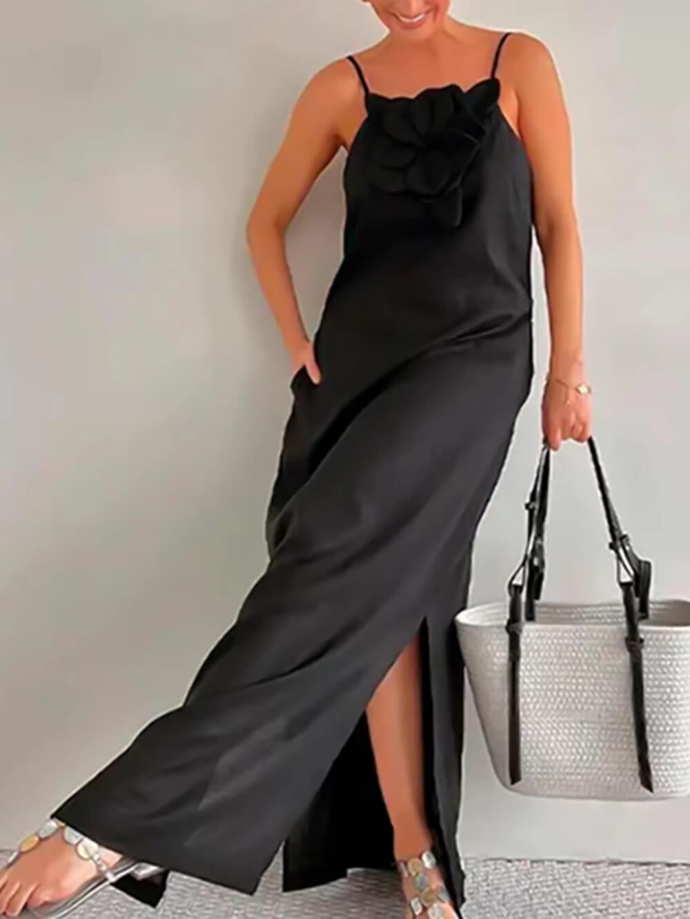 Floral Embellishment Pocketed Slit Dress