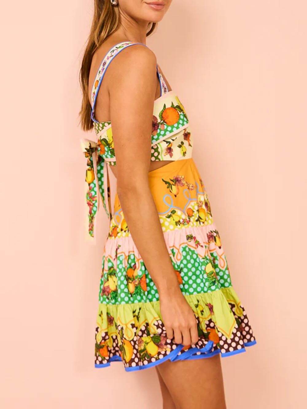 Summer Multicolor Lemon Pleated Hem Mini Dress