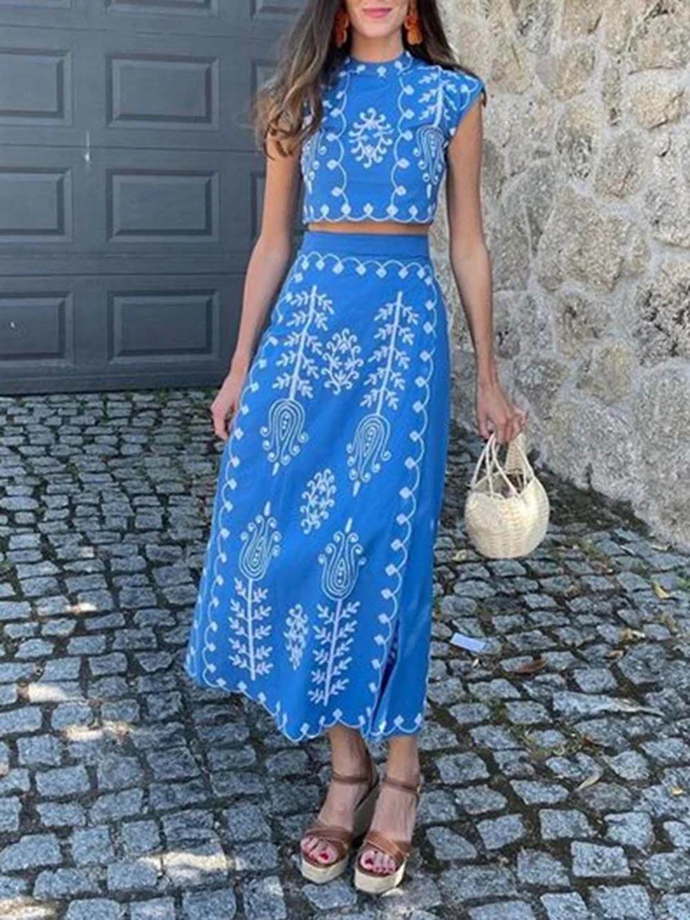 Tie Up Ethnic Crop Top with Midi Skirt