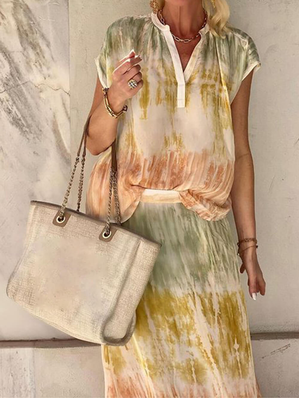 Tie Dye Print V Neck Two Piece Set
