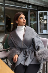 Fur Cuff Belted Wrap Coat