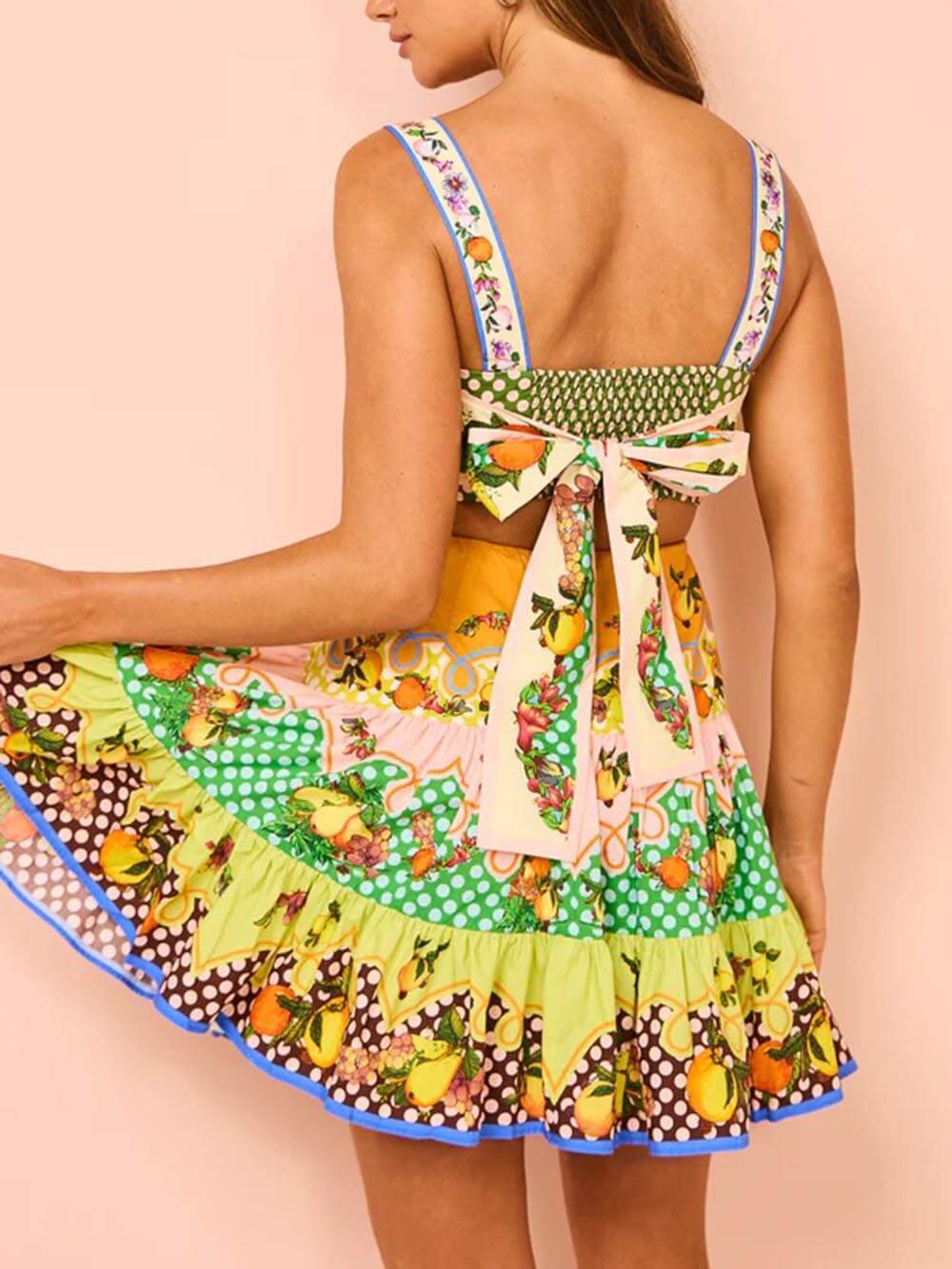 Summer Multicolor Lemon Pleated Hem Mini Dress