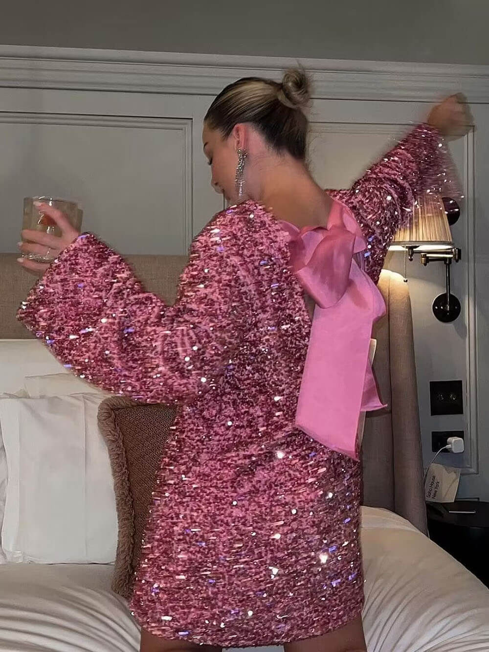 Sequined Open Back Tie Strap Mini Dress