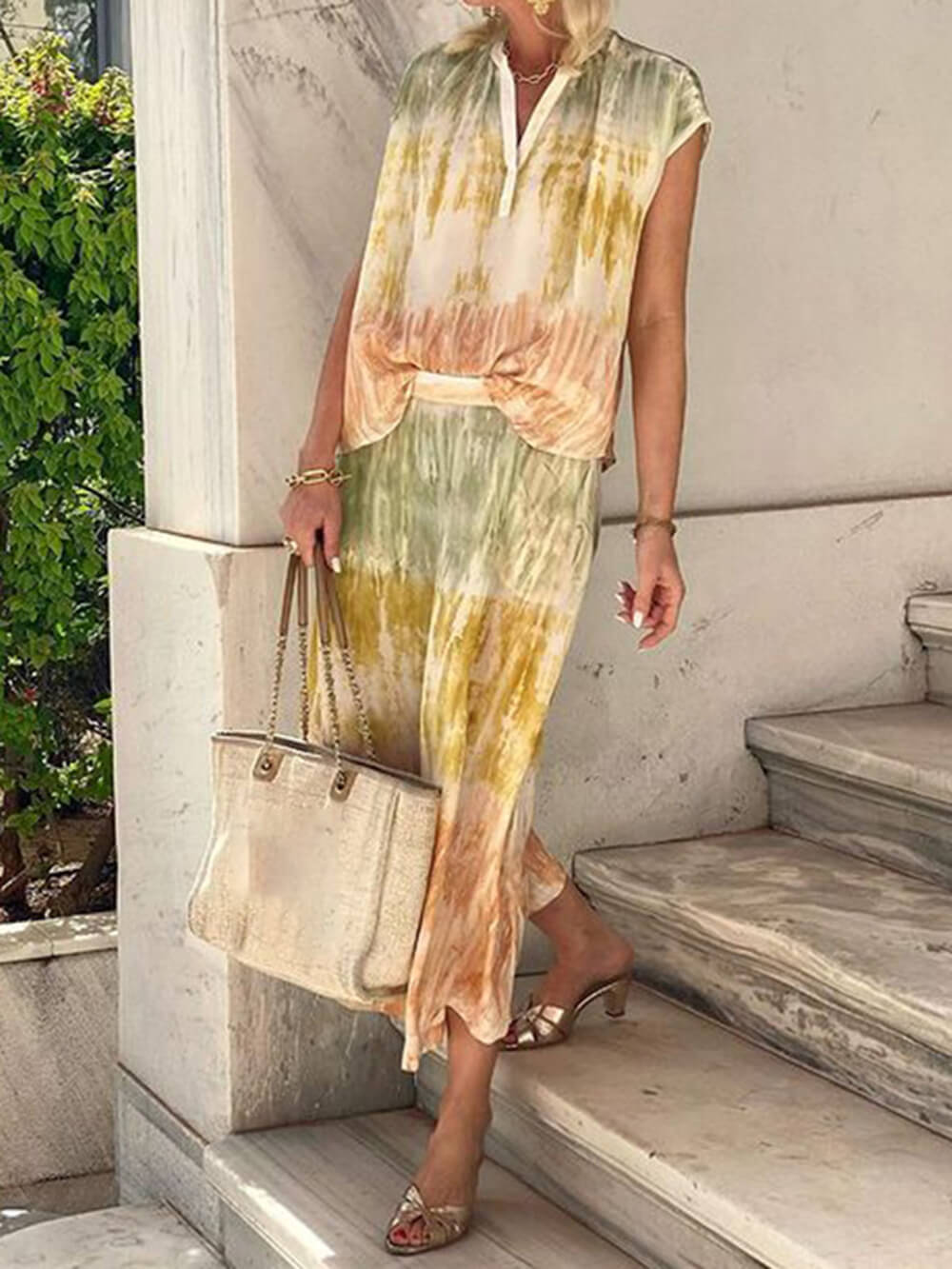 Tie Dye Print V Neck Two Piece Set
