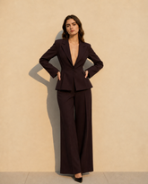 Vintage Deep V-Neck Fitted Waist Blazer Long Sleeve Two Piece Set