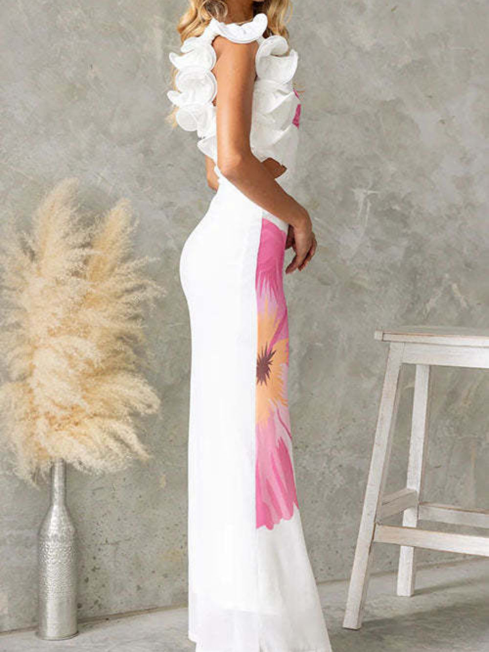 One Shoulder Floral Print Fitted Maxi Dress