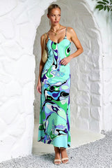 Printed Satin Cami Slit Silk Dress
