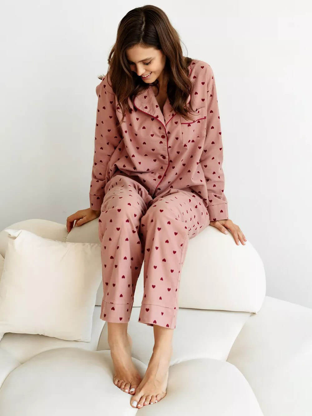 Heart Print Lapel Pajama Set