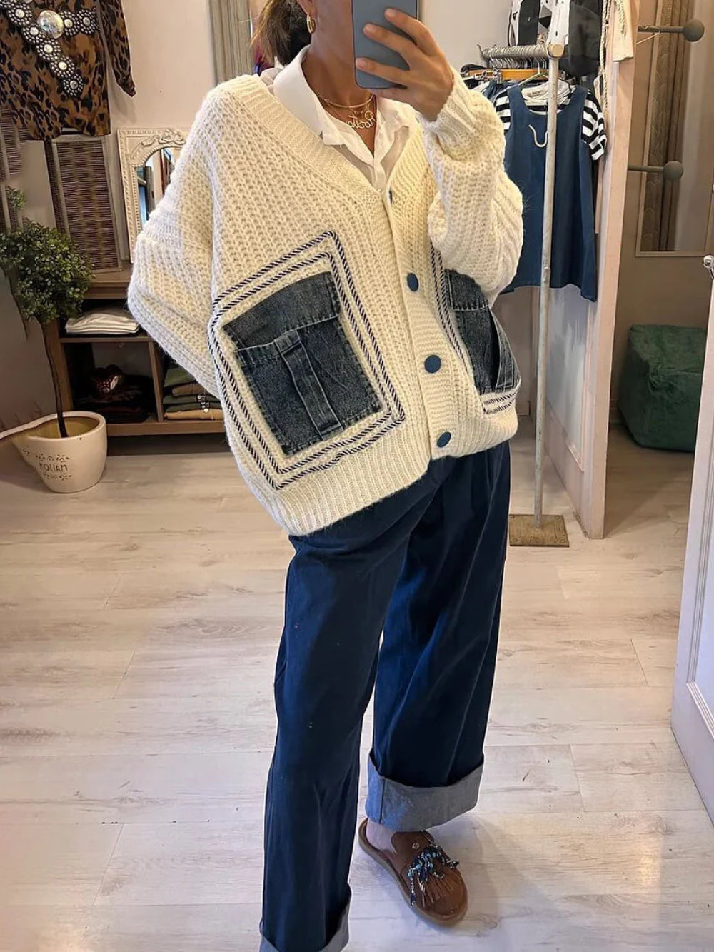 Denim Patchwork Knit Cardigan
