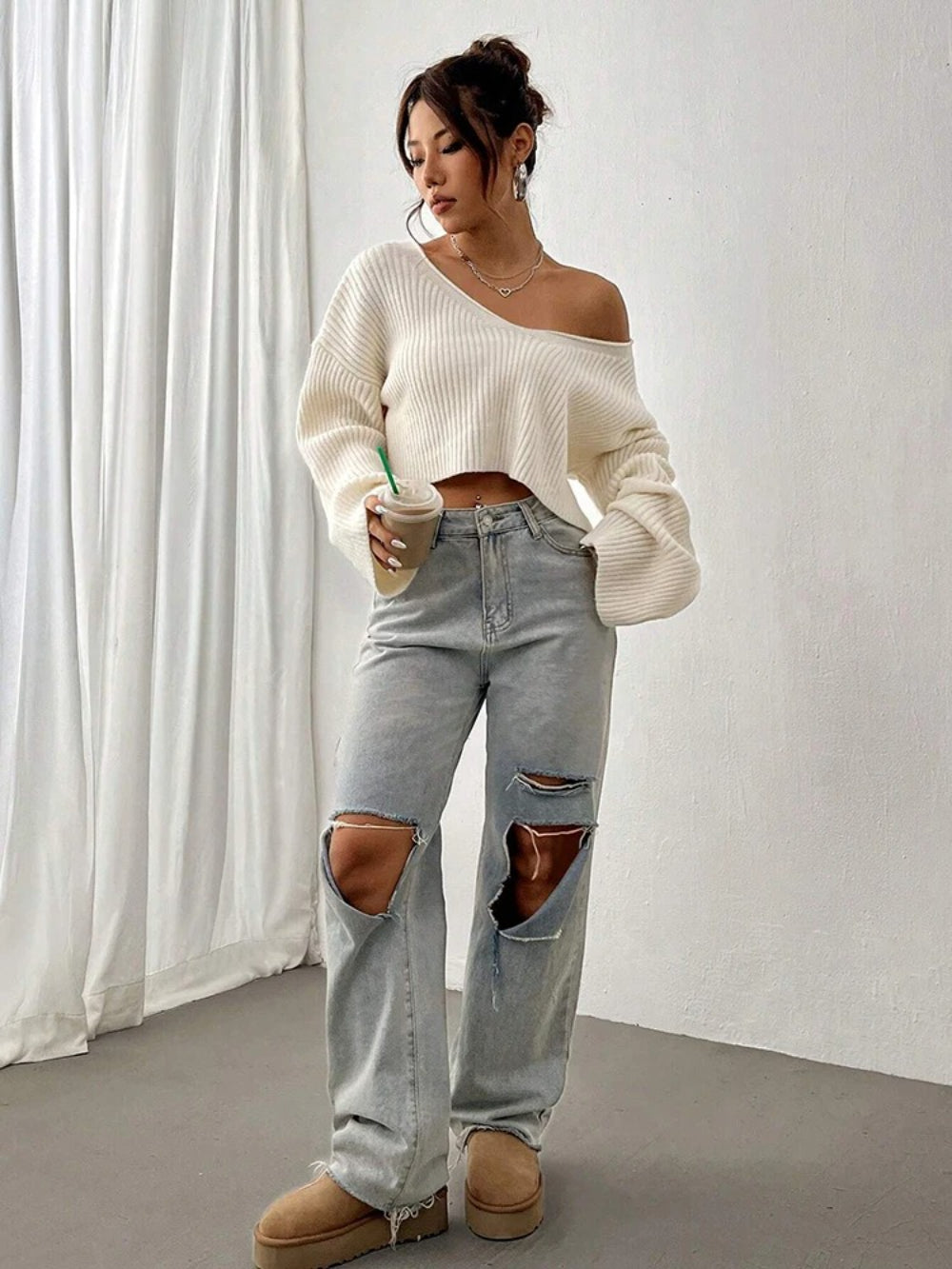 Solid V-Neck 3D Texture Knitted Sweater