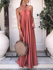 Summer Satin Halter Swing Gown Dress