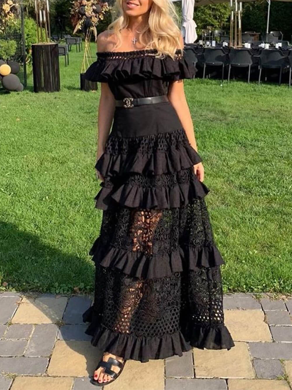 Off-Shoulder Ruffled Lace A-Line Dress