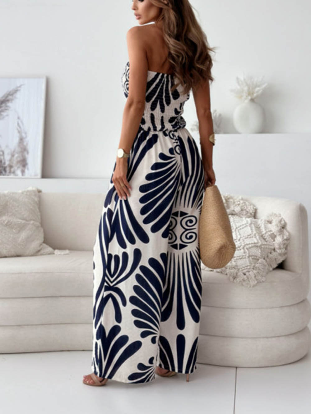 Printed Off-Shoulder Pleated Wide-Leg Jumpsuit