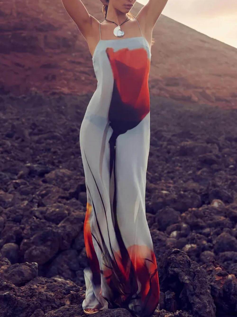 Abstract Tulip Print Slip H-Line Maxi Dress