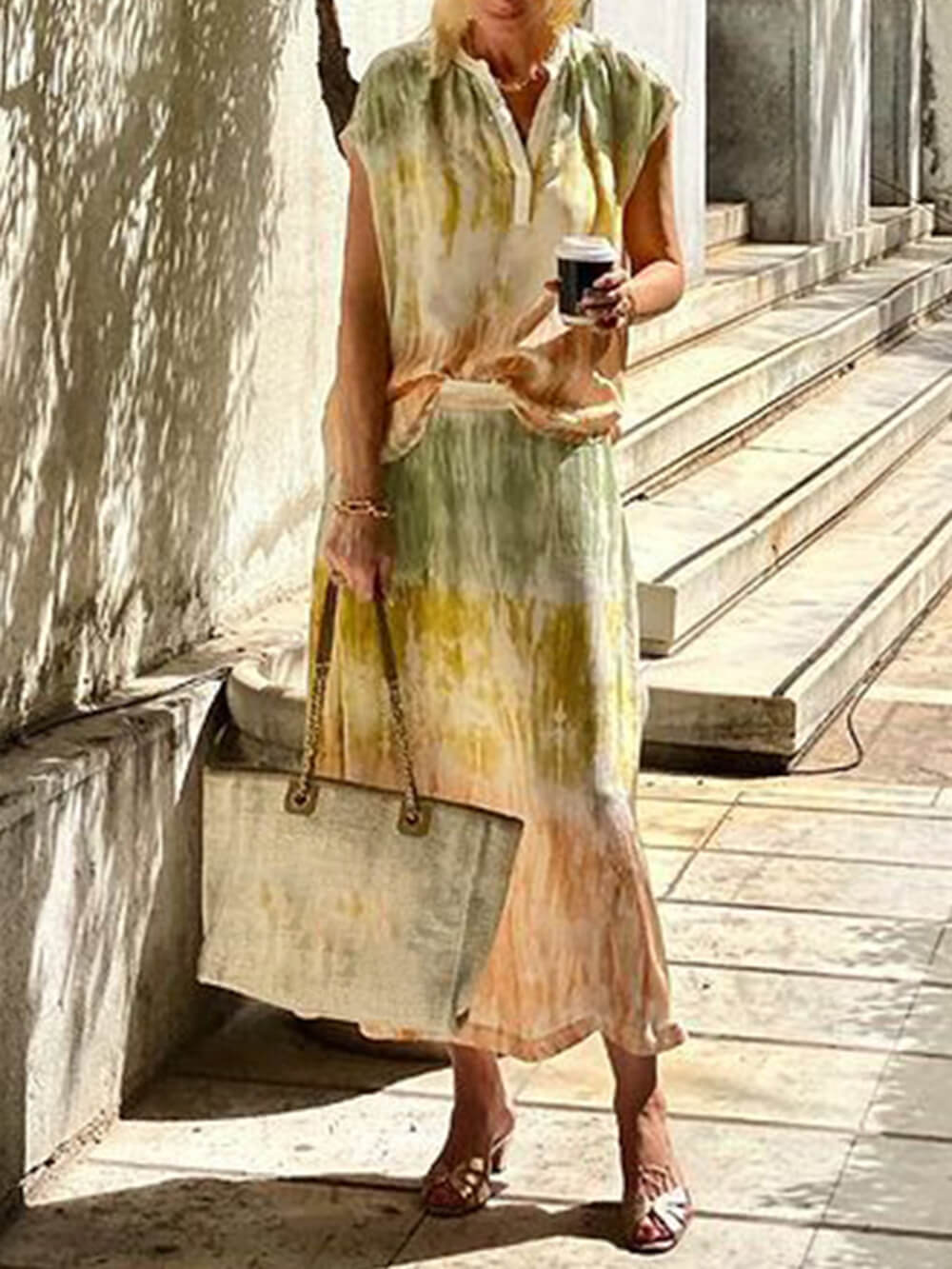Tie Dye Print V Neck Two Piece Set