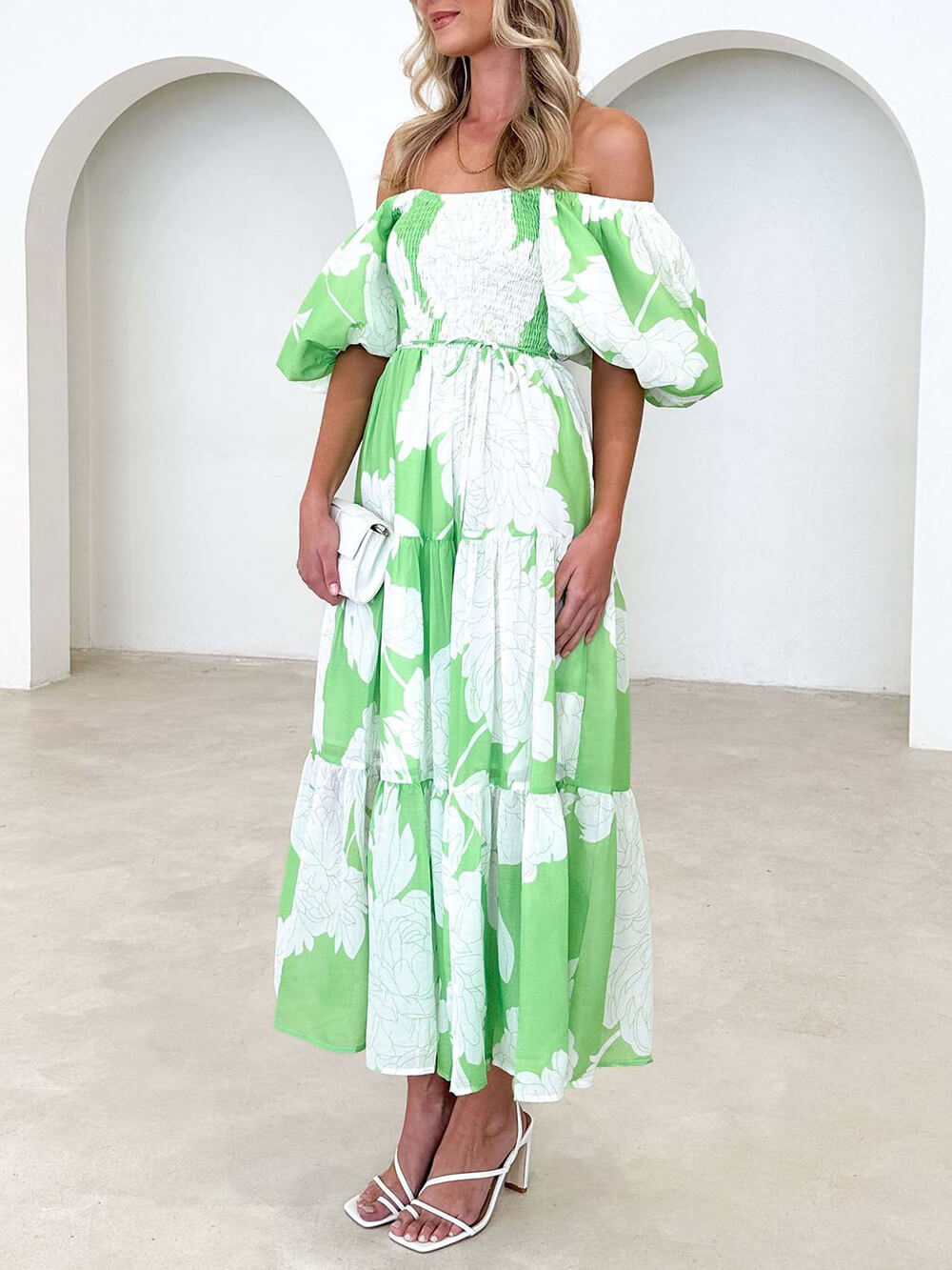 Elegant Floral Off-Shoulder Puff Sleeve Dress