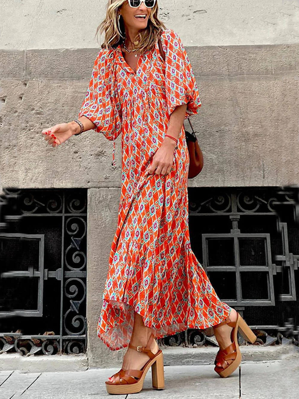 Round Neck Lantern Sleeve Sweetheart Dress