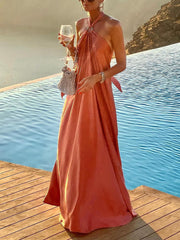 Summer Satin Halter Swing Gown Dress