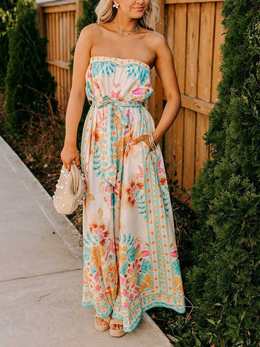 Printed Folk Style Wrap Collar Jumpsuit