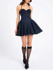 Fashionable Pinstripe Halter Neck Low-Waist Dress