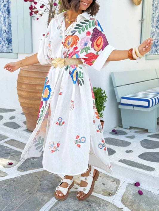 Casual Positioning Print Loose Resort Shirt Dress