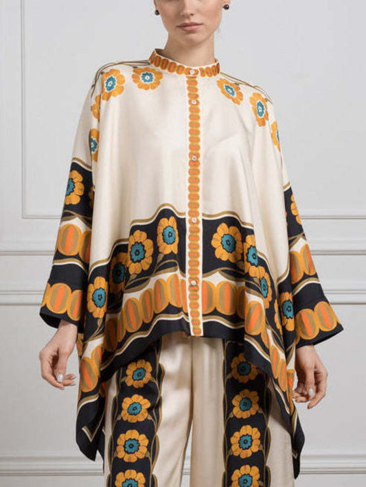 Satin Floral Print Bat Sleeve Shirt Set