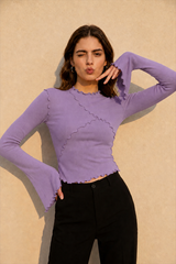 Solid Mock Neck Paneled Ruffled Long Sleeve Tee