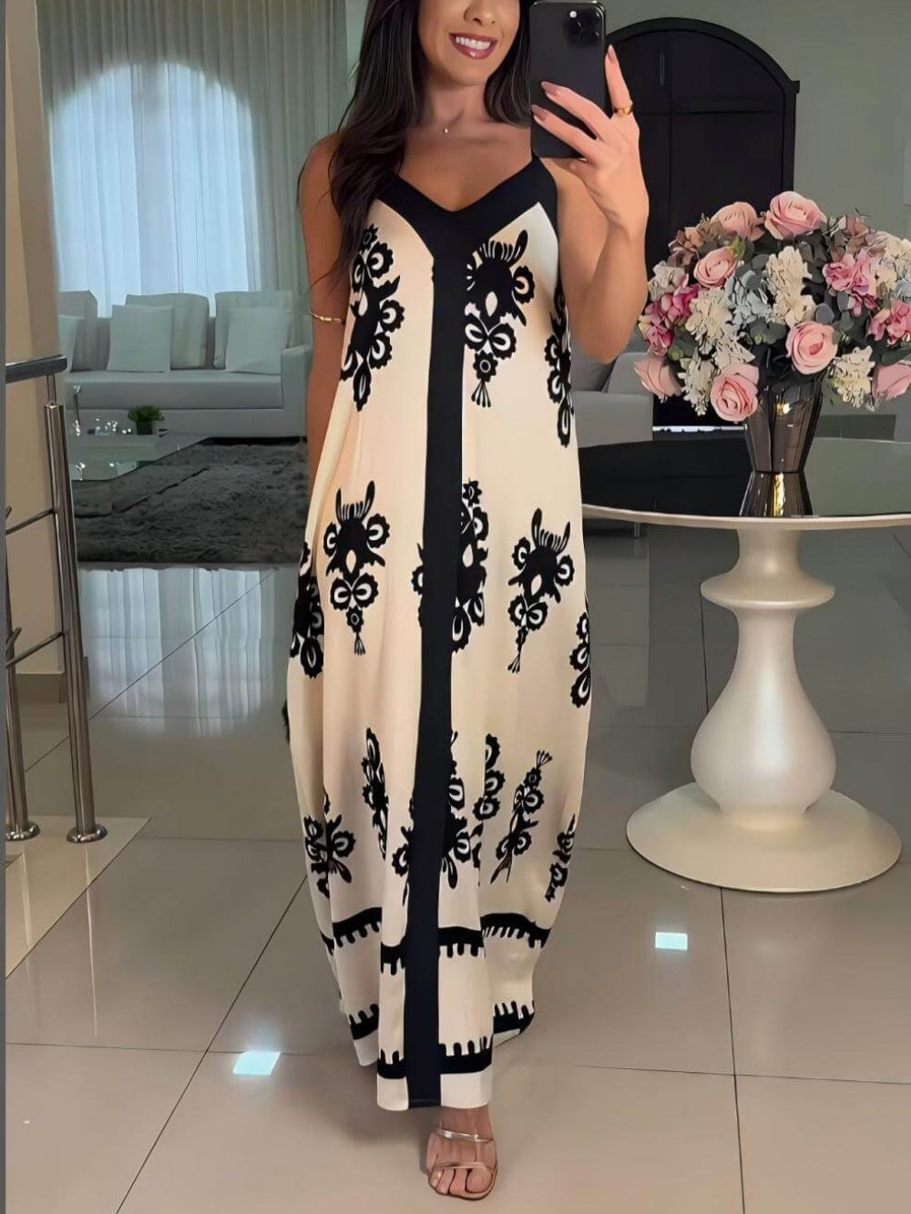 Sleeveless Cami Printed Loose Flared Dress