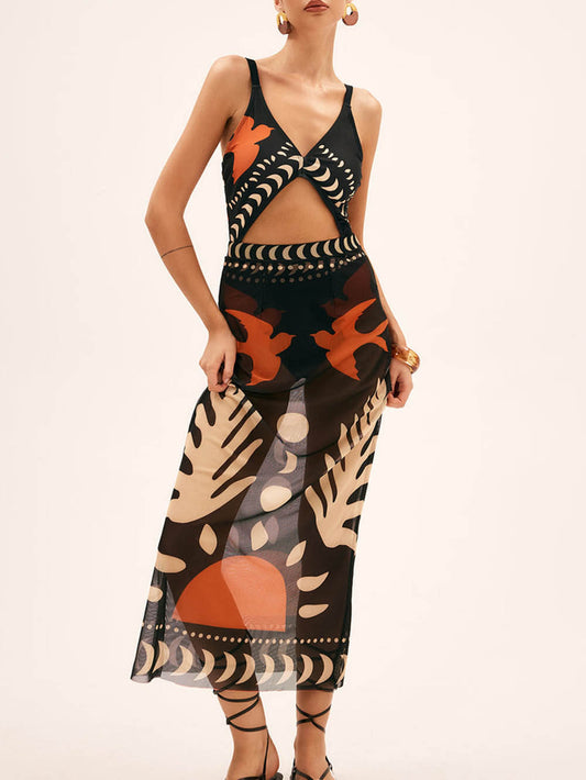 Bird Print Mesh Maxi Skirt