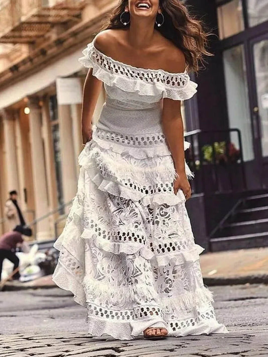 Off-Shoulder Ruffled Lace A-Line Dress