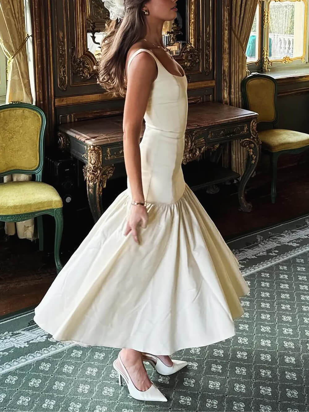 Graceful Square Neck Wide Strap Drop Waist Dress