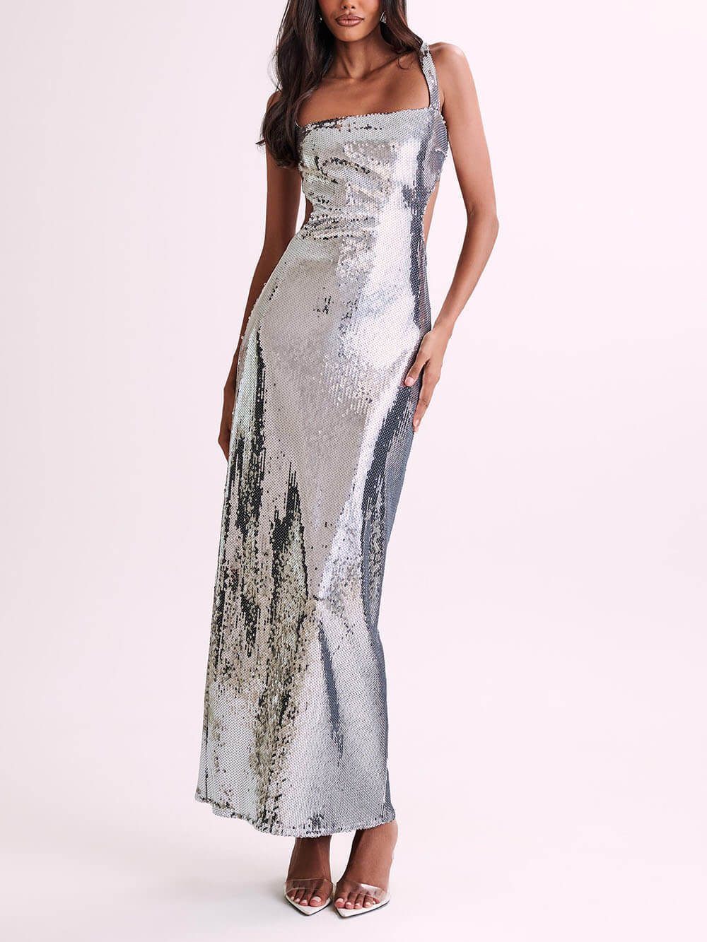 Sequin Square Neck Strap Party Dress