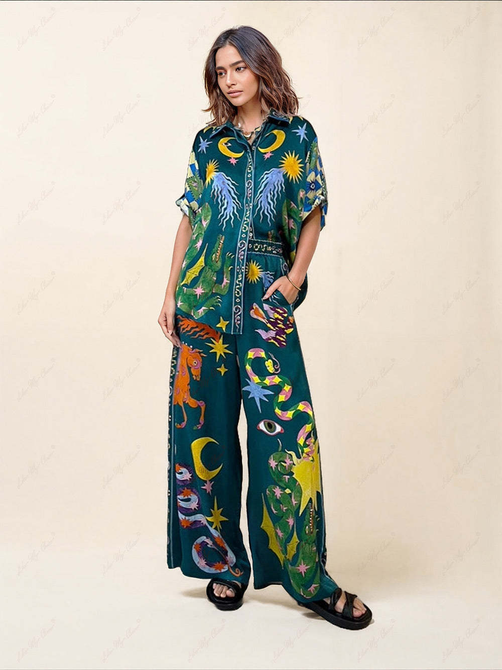 Print Wide Leg Pants Set with Pockets