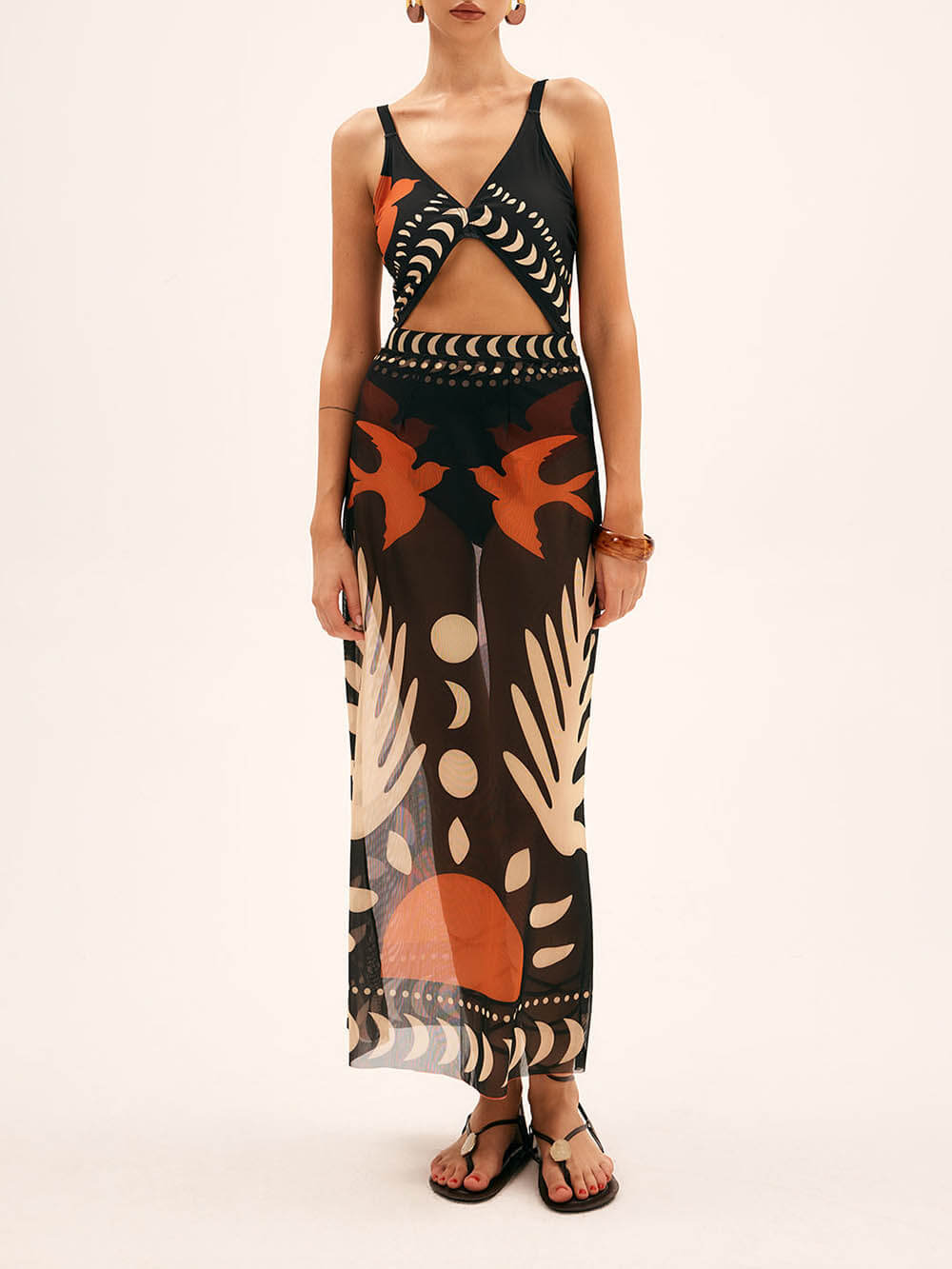 Bird Print Mesh Maxi Skirt